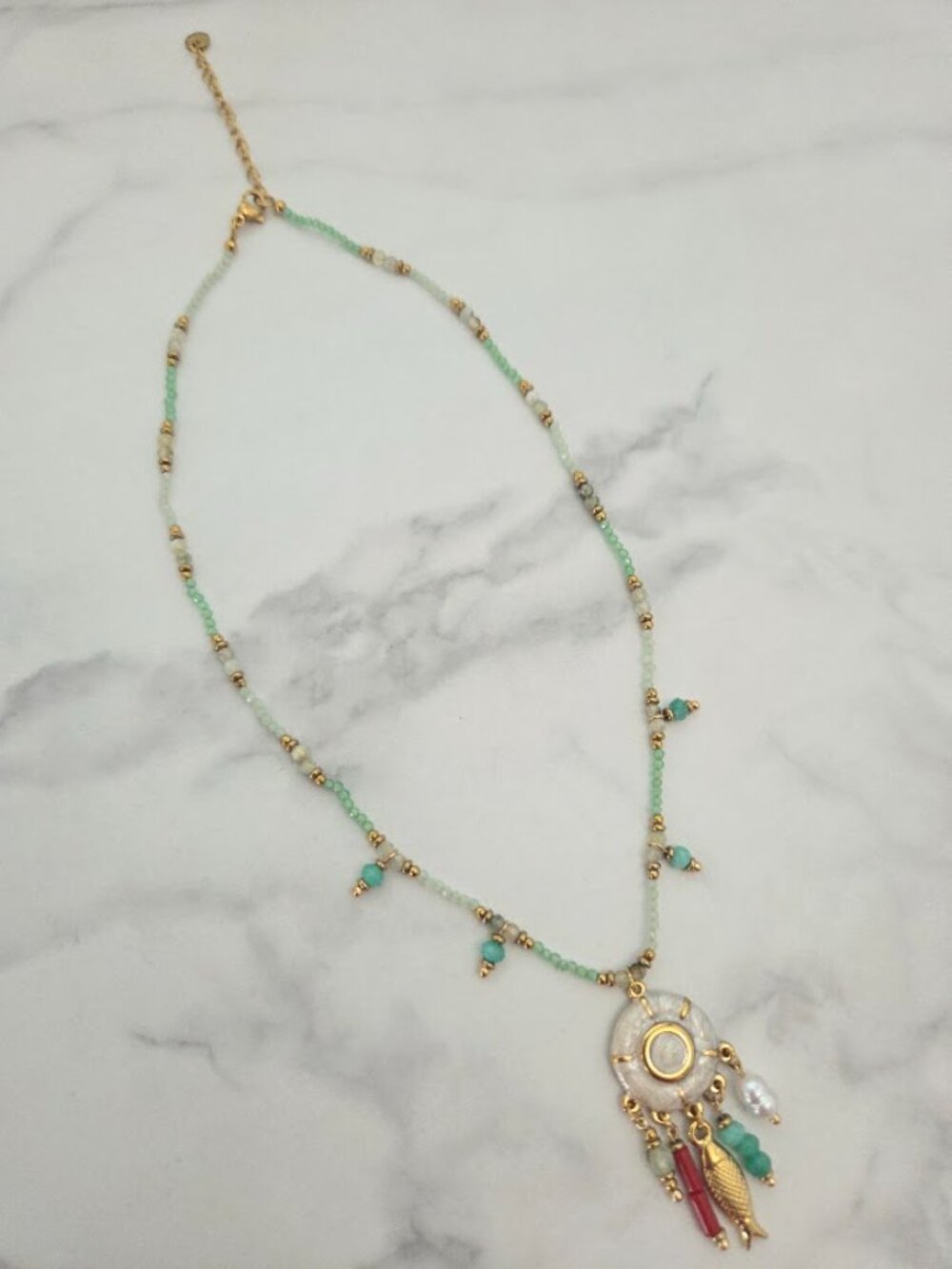 Boho Gold Tone Mint Green Beaded Necklace Fish Charm Dangle Pendant - Picture 4 of 16